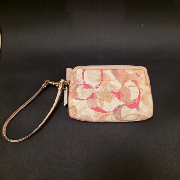 Coach Poppy Double Zip Wallet Wristlet Pink & Cream Signature C Canvas Leather - Picture 2 of 8